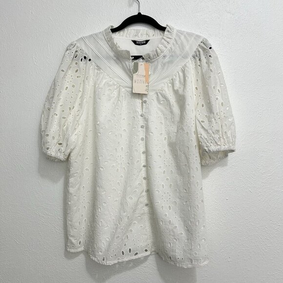 BTFBM Ivory Eyelet Embroidery Top Blouse V Neck Button Front Ruffle Neck Size XL - Picture 1 of 11